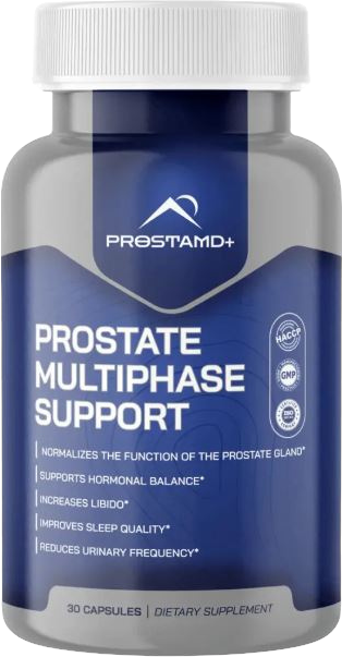 Frasco de Prosta MD+ Prostate Multiphase Support Capsules, suplemento para la próstata